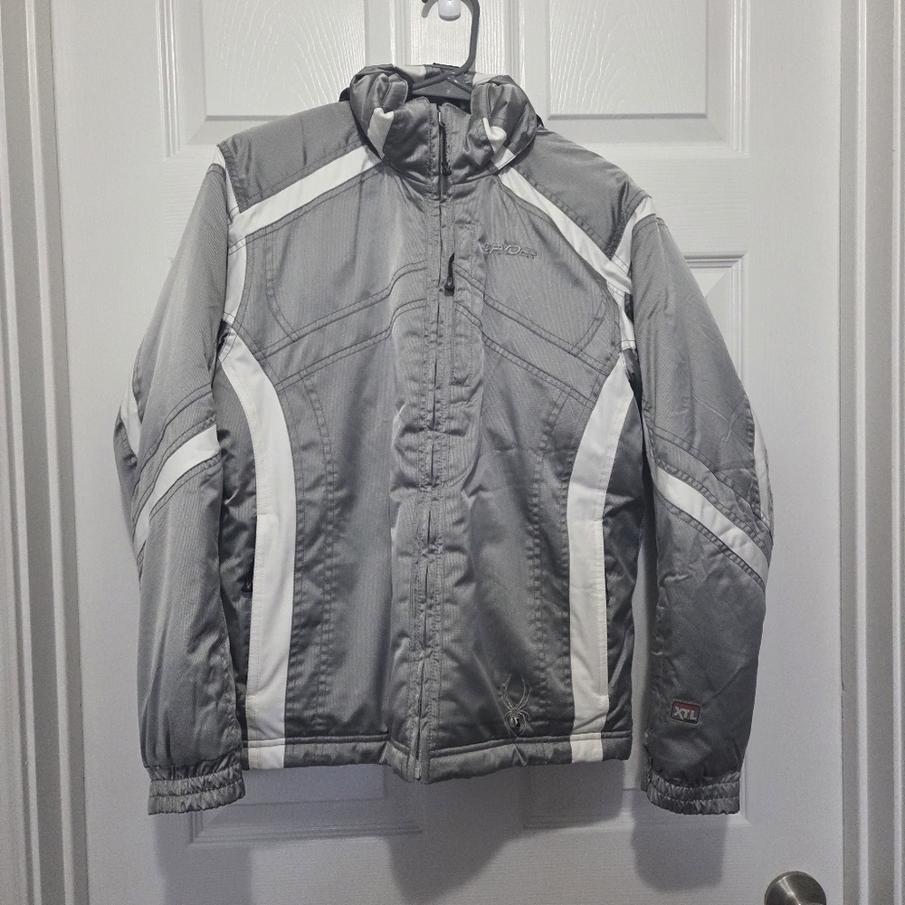 Spyder XT.L Girl Reflective Silver & White Waterproof Winter Ski Jacket Size 14